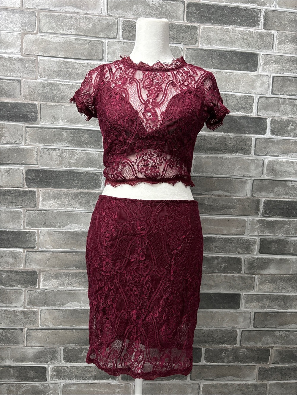 Wine Lace Crop Top & Pencil Skirt Set
